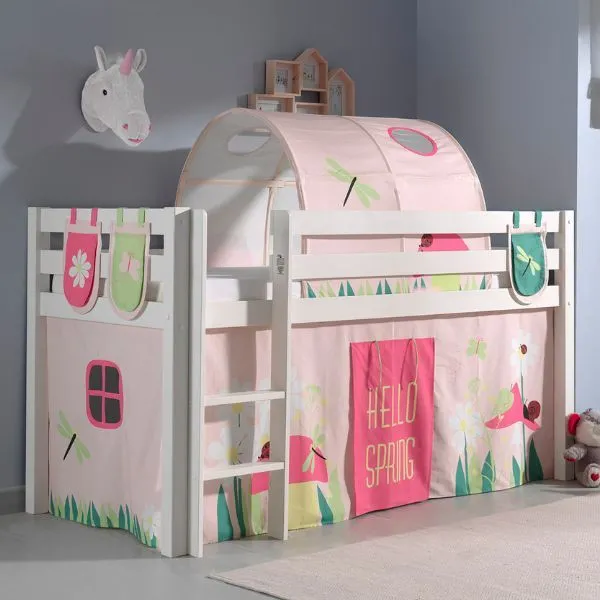Lit mi-hauteur Charlotte avec tente et tunnel de lit et sacs de rangement Spring - naturel