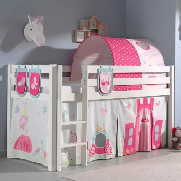 Lit mi-hauteur Charlotte avec tente et tunnel de lit et sacs de rangement Princess II - blanc