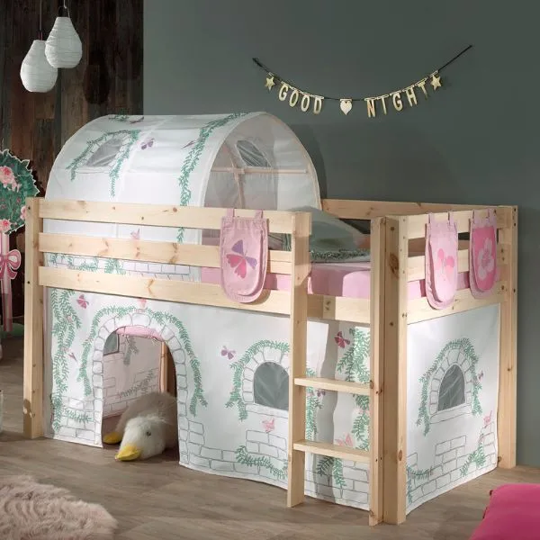 Lit mi-hauteur Charlotte avec tente et tunnel de lit et sacs de rangement Birdy - bois de pin