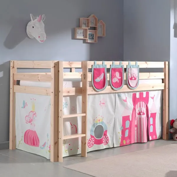 Lit mi-hauteur Charlotte avec tente et sacs de rangement Princess II - bois de pin