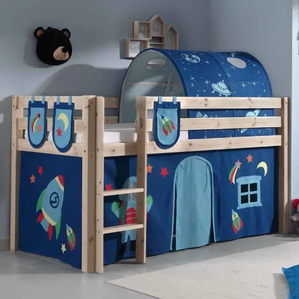 Lit mi-hauteur Charlotte avec tente et tunnel de lit et sacs de rangement Astro - bois de pin