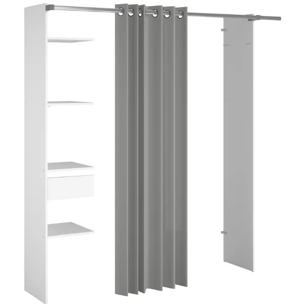 Armoire Botan G - 200cm, 4 étagères, 1 tiroir, 1 rideau- blanc