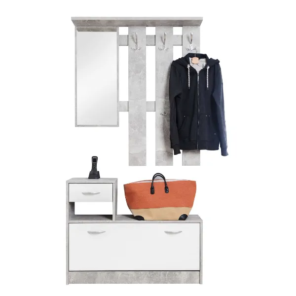 Vestiaire Rudolf (porte-manteau, miroir & armoire à chaussures) - béton/blanc