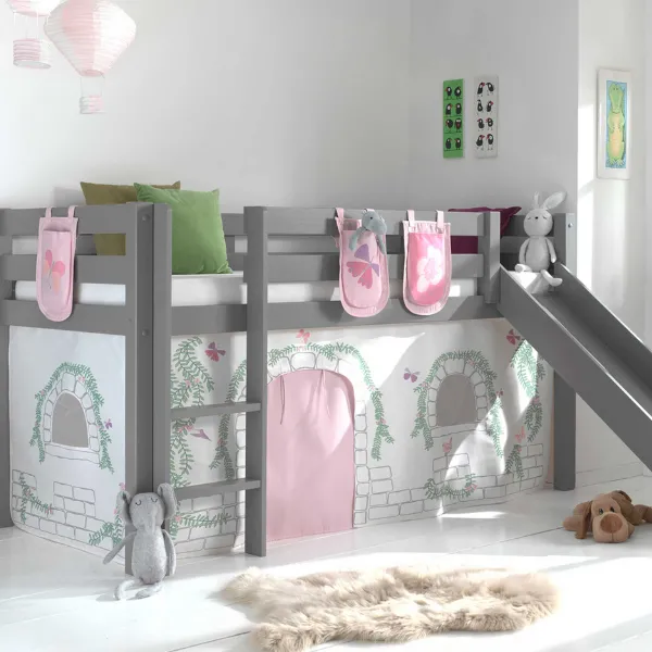 Lit mi-hauteur avec toboggan Astrid avec tente et sacs de rangement Birdy - gris