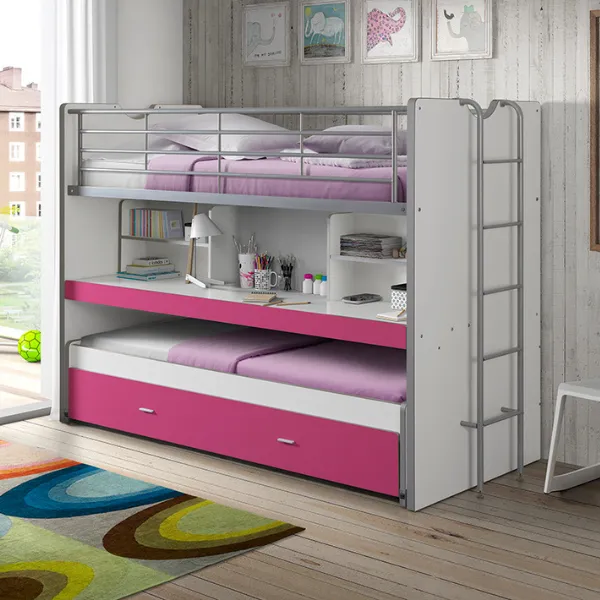 Lit mezzanine Bonny 80 avec bureau et tiroir de lit - fuchsia
