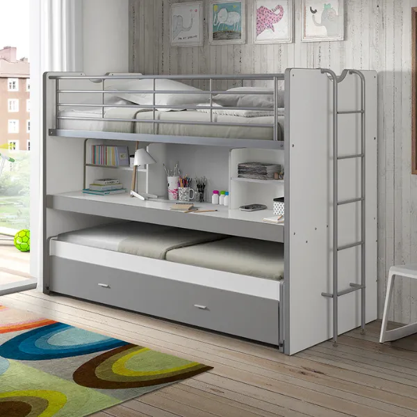 Lit mezzanine Bonny 80 avec bureau et tiroir de lit - gris