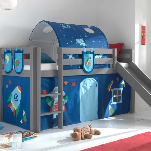Lit mi-hauteur avec toboggan Astrid avec tente et tunnel de lit et sacs de rangement Astro - gris