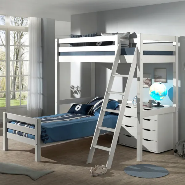 Lit mezzanine Claire avec lit simple Anne 90 x 200cm et chiffonnier- blanc