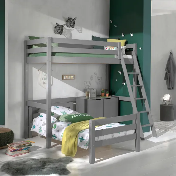 Lit mezzanine Claire avec lit simple Anne 90 x 200cm et commode - gris