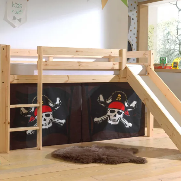 Lit mi-hauteur avec toboggan Astrid avec tente de lit Caribbean Pirates - bois de pin