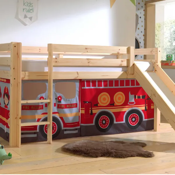 Lit mi-hauteur avec toboggan Astrid avec tente de lit Fire Truck - bois de pin