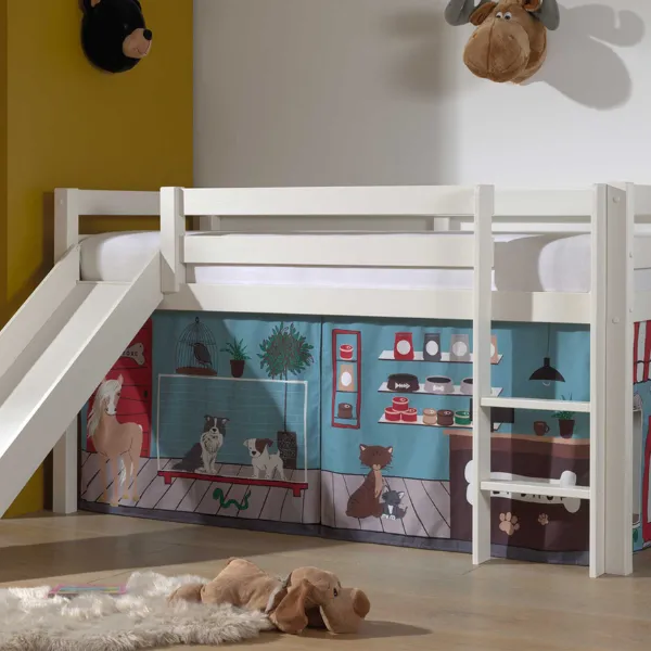 Lit mi-hauteur avec toboggan Astrid avec tente de lit Pet Shop - blanc
