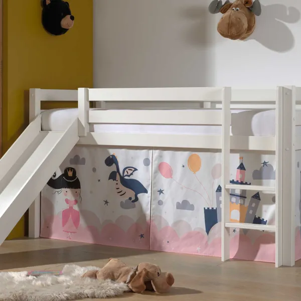 Lit mi-hauteur avec toboggan Astrid avec tente de lit Princess Sophie - blanc