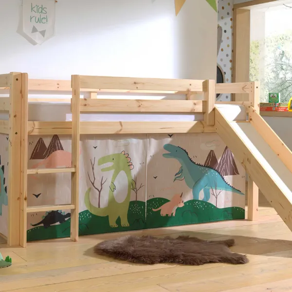 Lit mi-hauteur avec toboggan Astrid avec tente de lit Dino - bois de pin