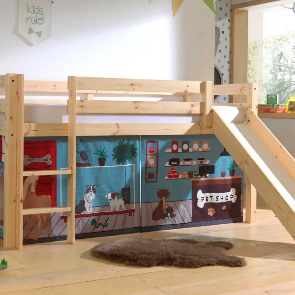 Lit mi-hauteur avec toboggan Astrid avec tente de lit Pet Shop - bois de pin