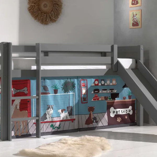 Lit mi-hauteur avec toboggan Astrid avec tente de lit Pet Shop - gris