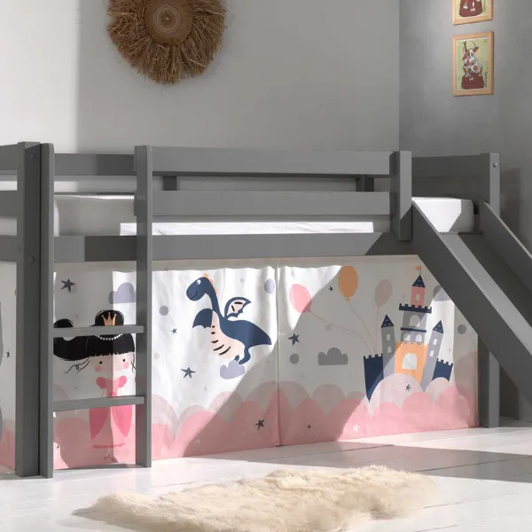 Lit mi-hauteur avec toboggan Astrid avec tente de lit Princess Sophie - gris