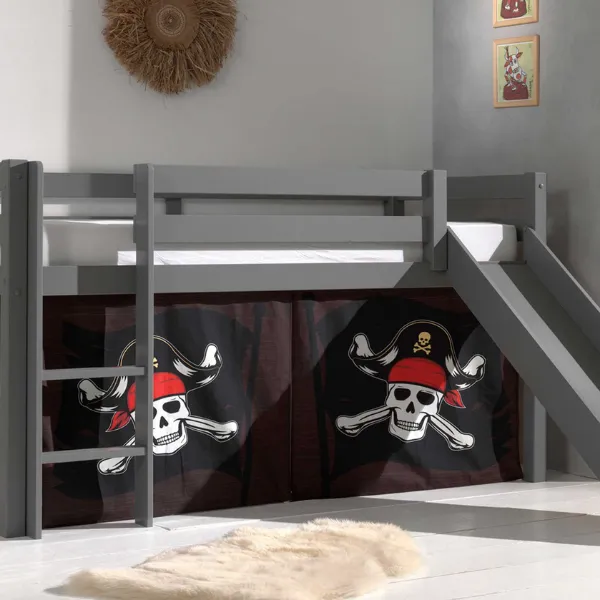 Lit mi-hauteur avec toboggan Astrid avec tente de lit Caribbean Pirates - gris