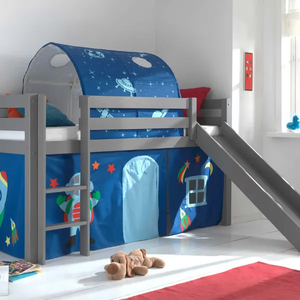 Lit mi-hauteur avec toboggan Astrid avec tente et tunnel de lit Astro - gris