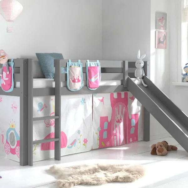 Lit mi-hauteur avec toboggan Astrid avec tente et sacs de rangement Princess II - gris