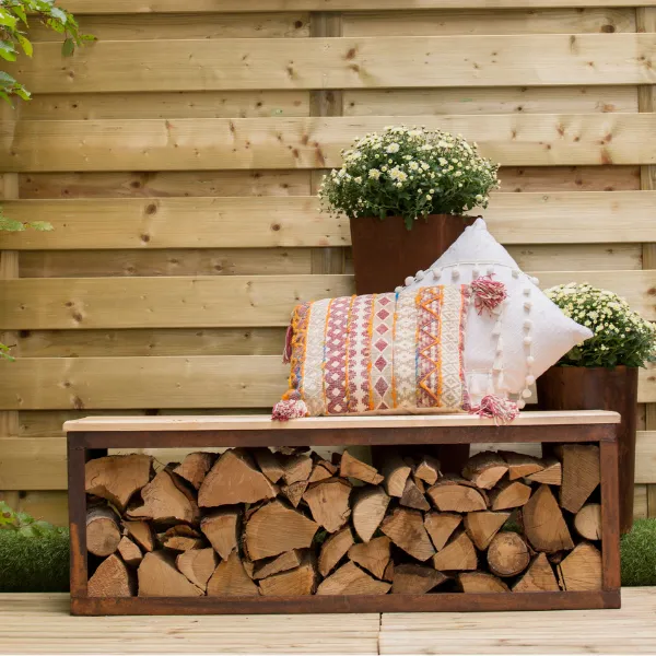 Range-bûches Elara avec banc 120x40x42cm acier et bois - rouille