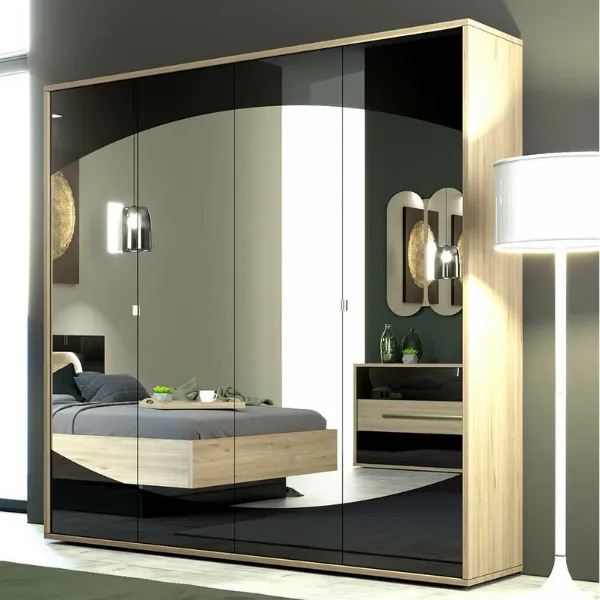 Armoire Avalon 200cm avec miroir 4 portes - chêne/noir