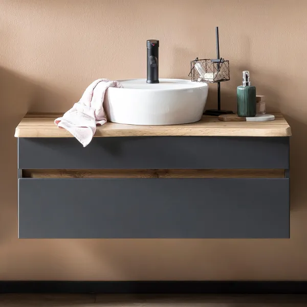 Armoire à lavabo Vikas 101cm 2 tiroirs - anthracite/chêne