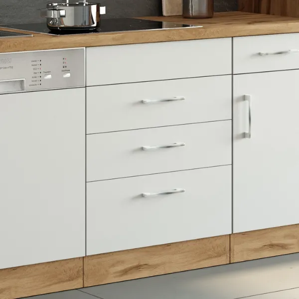 Armoire de cuisine pour plaque cuisson Sorrella 3 tiroirs - blanc/chêne