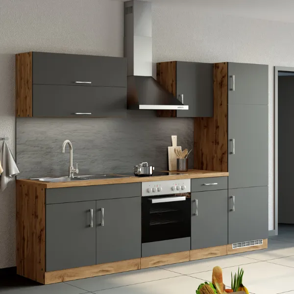 Kitchenette Sorrella 270cm avec espace pour four et réfrigérateur - anthracite/chêne