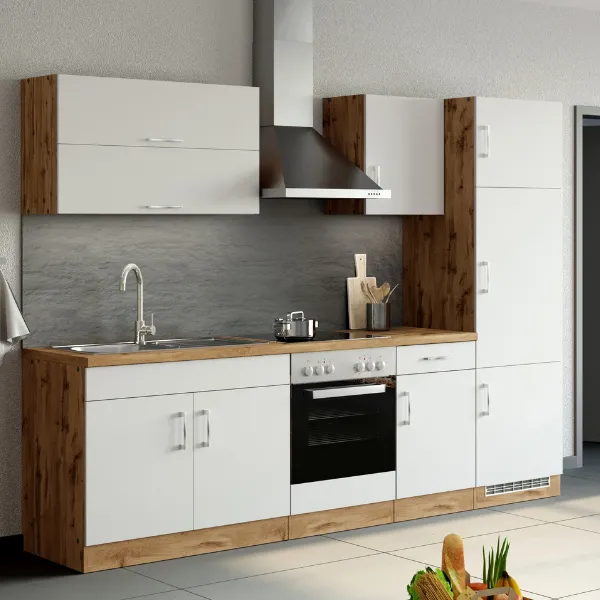 Kitchenette Sorrella 270cm avec espace pour four et réfrigérateur - blanc/chêne