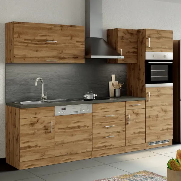 Kitchenette Sorrella 270cm avec espace pour lave-vaisselle, four et réfrigérateur - chêne