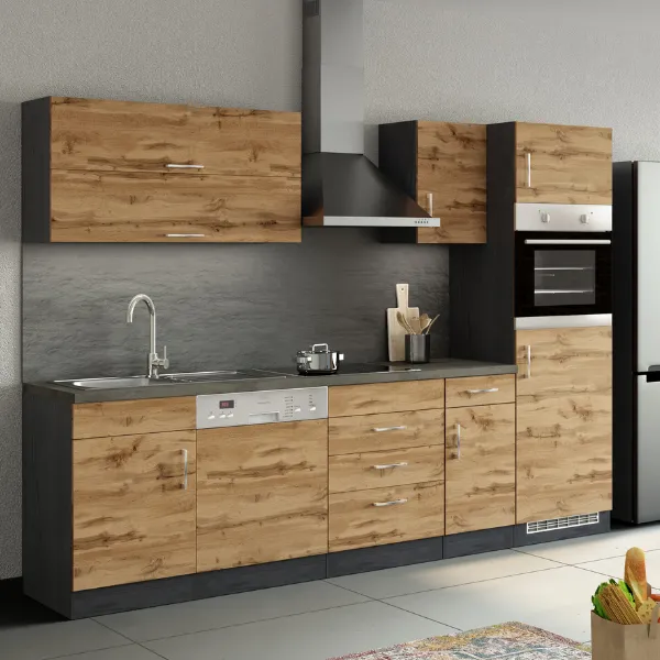 Kitchenette Sorrella 270cm avec espace pour lave-vaisselle, four et réfrigérateur - chêne/graphite