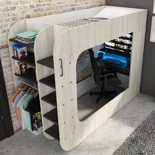 Lit mezzanine Graham avec bureau gamer 90x200cm - pin