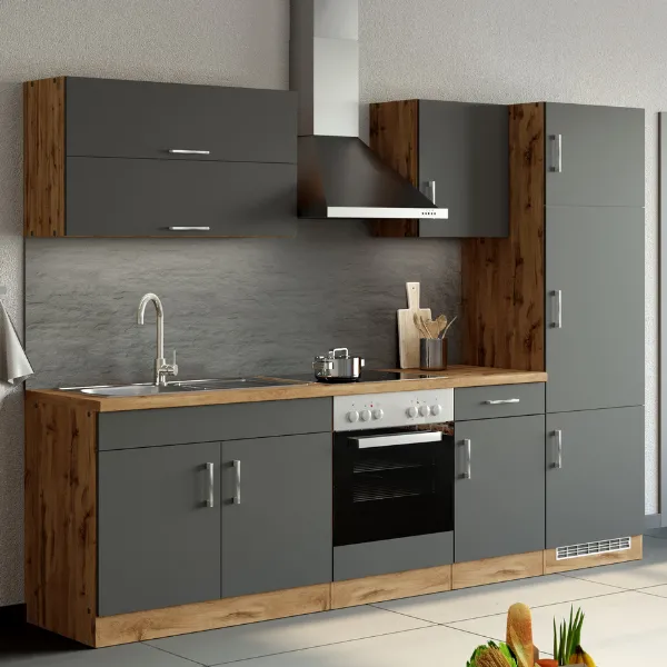 Kitchenette Sorrella 270cm avec four et réfrigérateur - anthracite/chêne