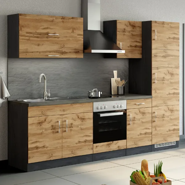 Kitchenette Sorrella 270cm avec four et réfrigérateur - chêne/graphite