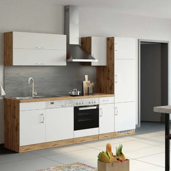 Kitchenette Sorrella 270cm avec four, lave-vaisselle et réfrigérateur - blanc/chêne