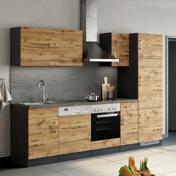 Kitchenette Sorrella 270cm avec four, lave-vaisselle et réfrigérateur - chêne/graphite