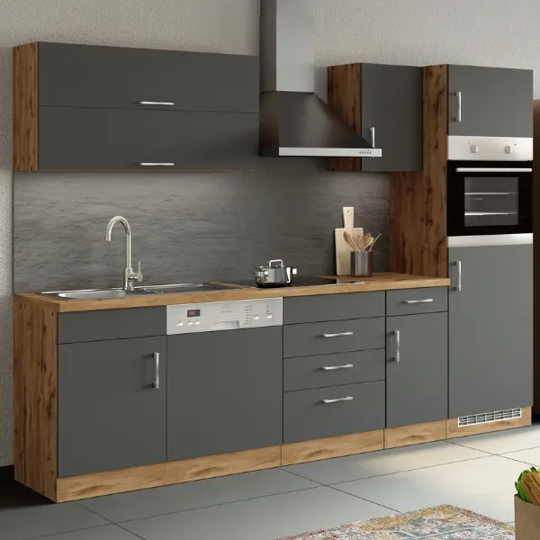 Kitchenette Sorrella 270cm avec lave-vaisselle, four et réfrigérateur - anthracite/chêne