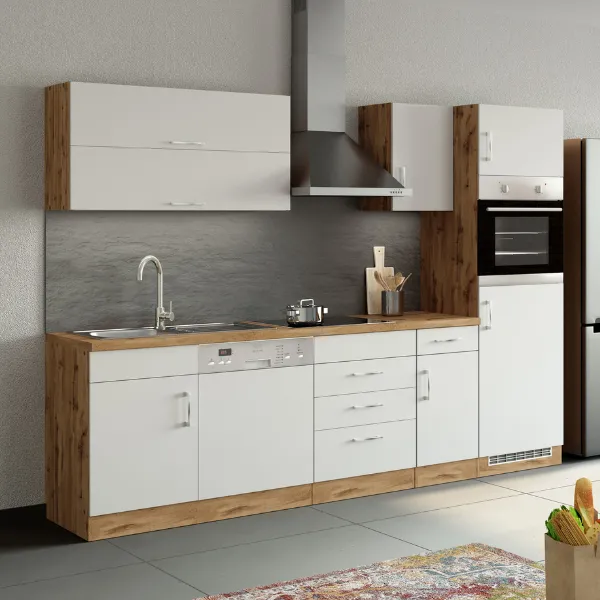 Kitchenette Sorrella 270cm avec lave-vaisselle, four et réfrigérateur - blanc/chêne