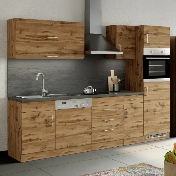 Kitchenette Sorrella 270cm avec lave-vaisselle, four et réfrigérateur - chêne