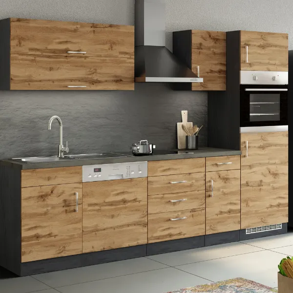 Kitchenette Sorrella 270cm avec lave-vaisselle, four et réfrigérateur - chêne/graphite