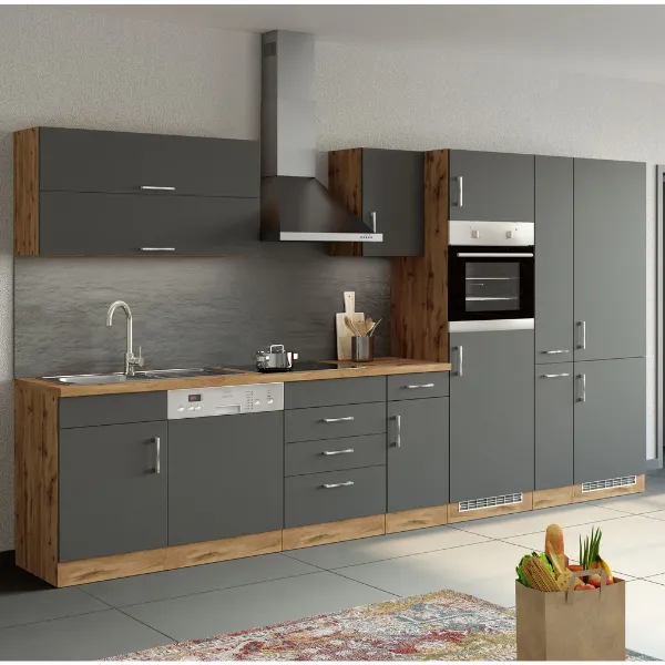 Elément de cuisine Sorrella 360cm avec lave-vaisselle, four, réfrigérateur et congélateur - anthracite/chêne