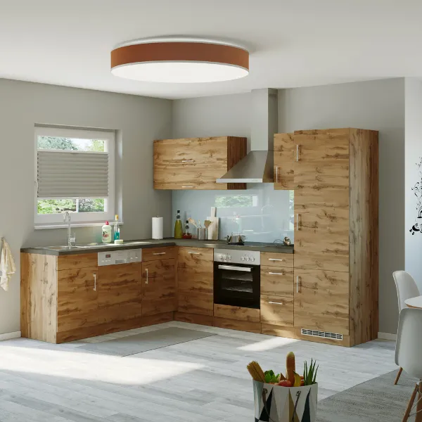 Kitchenette forme L Sorrella 270cm avec espace pour four, lave-vaisselle et réfrigérateur - chêne