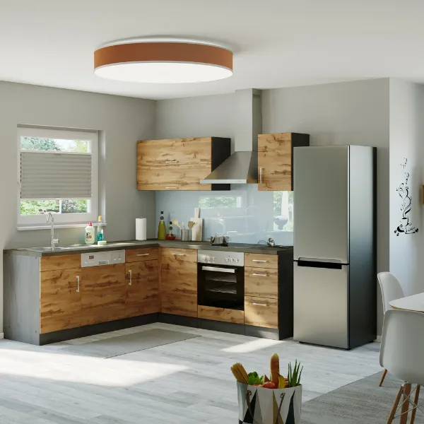 Kitchenette forme L Sorrella 210cm avec four et lave-vaisselle - chêne/graphite