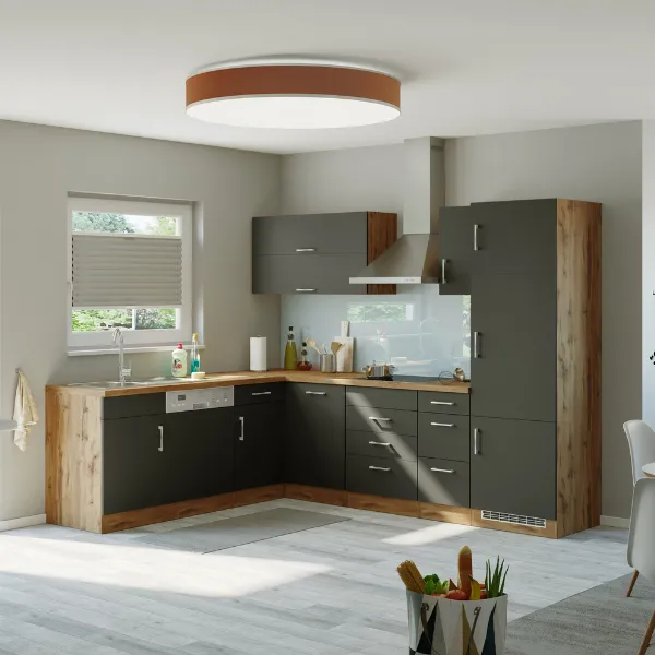 Kitchenette forme L Sorrella 270cm avec four, lave-vaisselle et réfrigérateur - anthracite/chêne