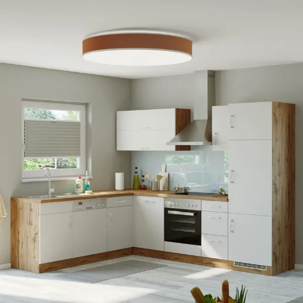 Kitchenette forme L Sorrella 270cm avec four, lave-vaisselle et réfrigérateur - blanc/chêne