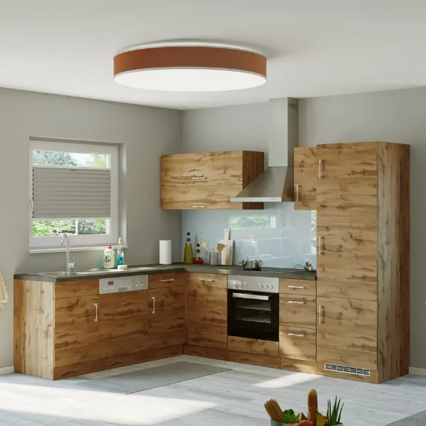 Kitchenette forme L Sorrella 270cm avec four, lave-vaisselle et réfrigérateur - chêne