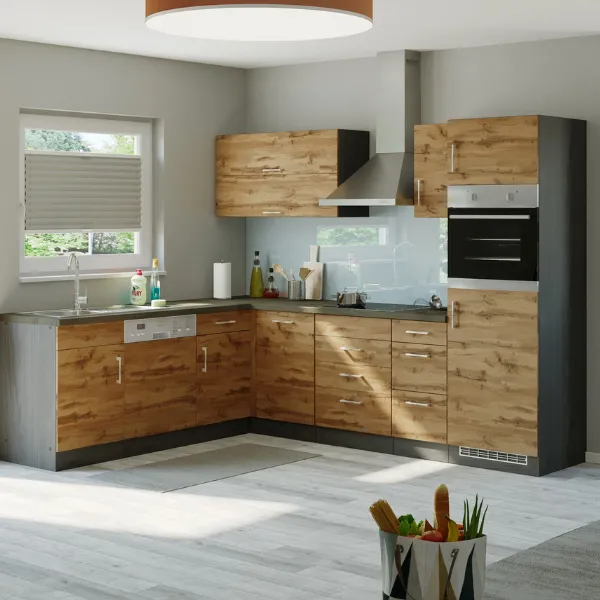 Kitchenette forme L Sorrella 270cm avec espace pour four, lave-vaisselle et réfrigérateur - chêne/graphite