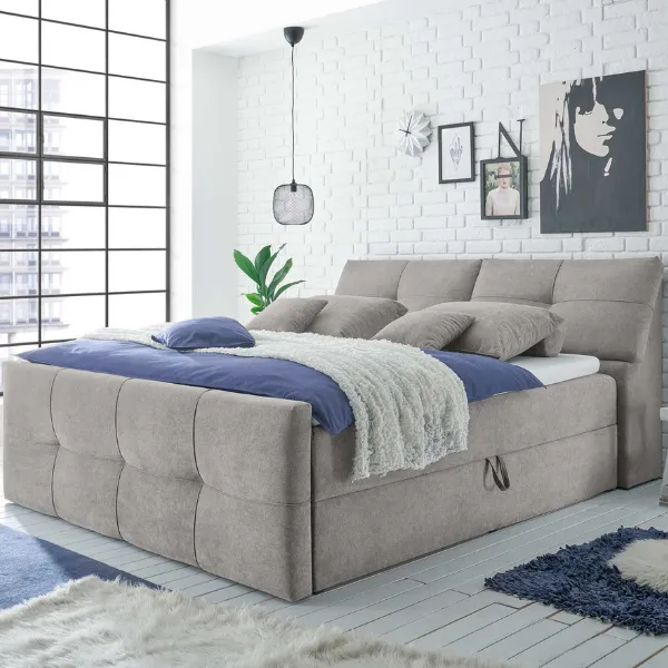 Lit boxspring Fitzroy 160x200cm avec espace de rangement - gris