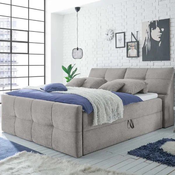 Lit boxspring Fitzroy 180x200cm avec espace de rangement - gris